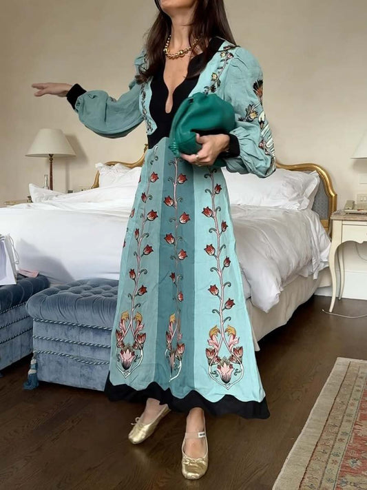 Deep V Neck Printed Backless Long Sleeve Dress