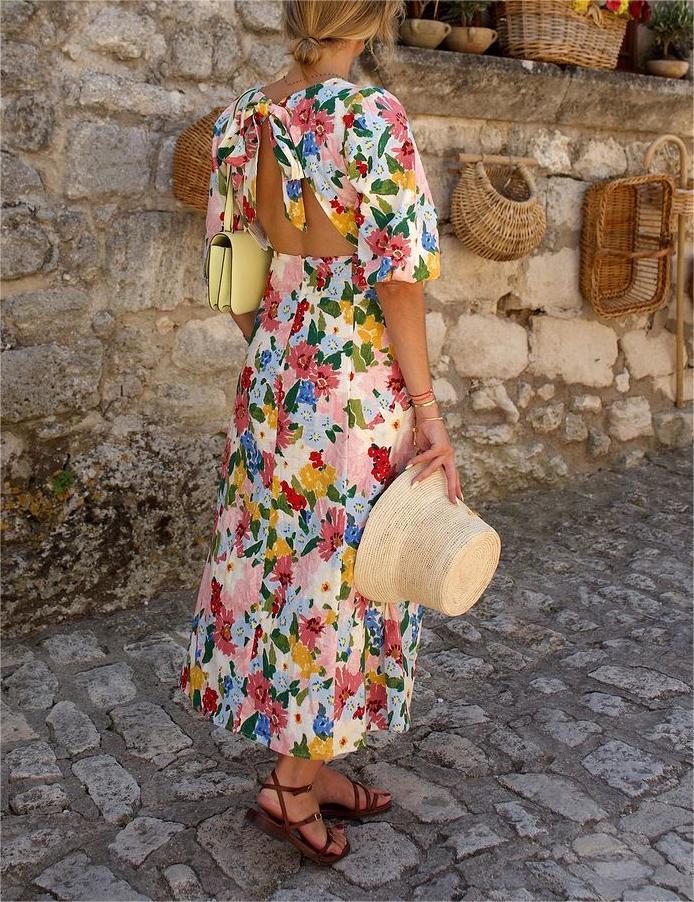 Full Flower Print Round Neck Maxi Dress