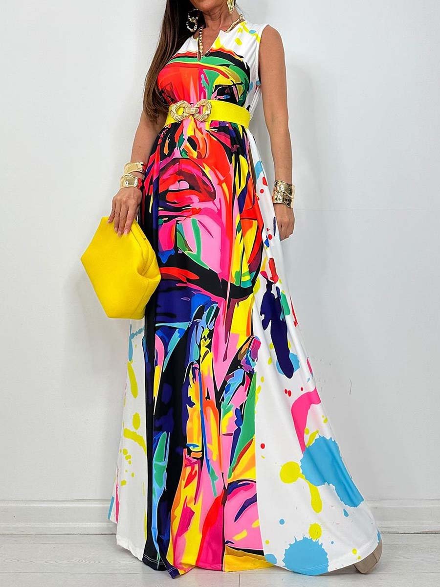 V Neck Sleeveless Printed Maxi Dress