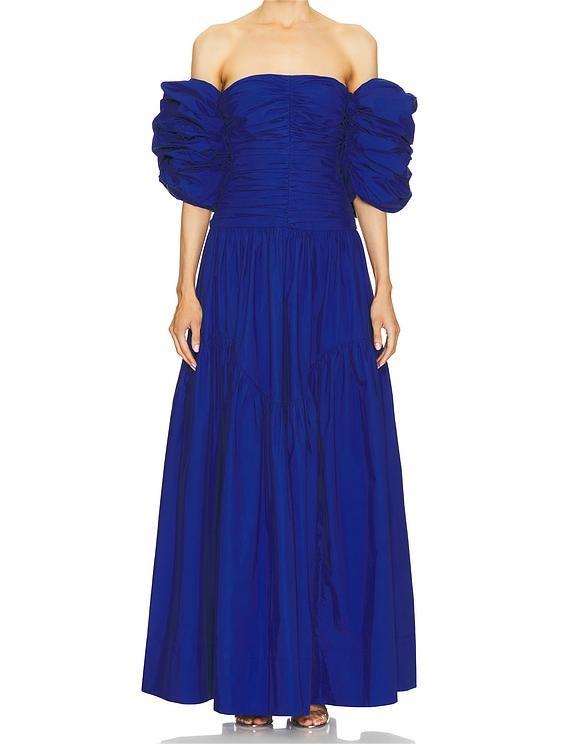 Indigo Pleated Solid Color Maxi Dress