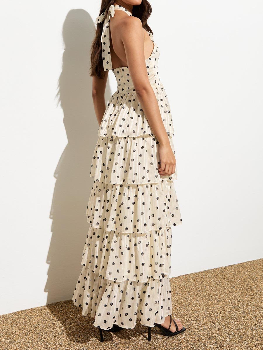 Polka Dot Halter Neck Tiered Maxi Dress