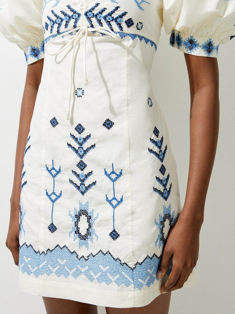 Embroidered Puff Sleeve Square Collar Dress