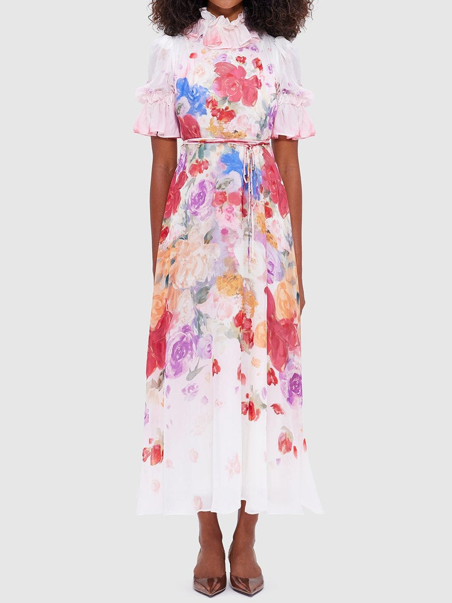 Placement Print Stand Collar Flower Dress