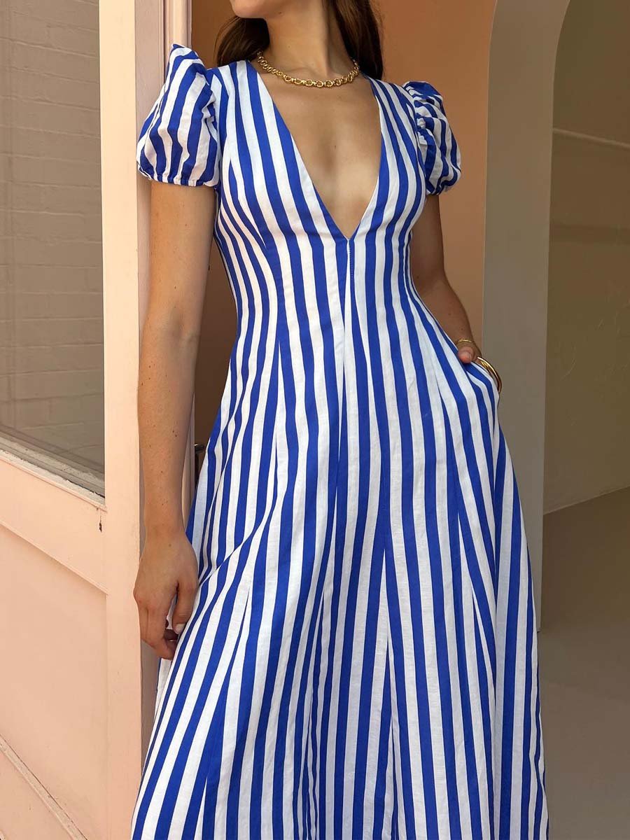 Deep V Neck Printed Puff Sleeve Dress