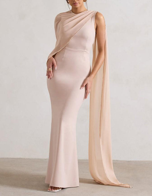 Round Neck Satin Long Sleeve Evening Slim Dress