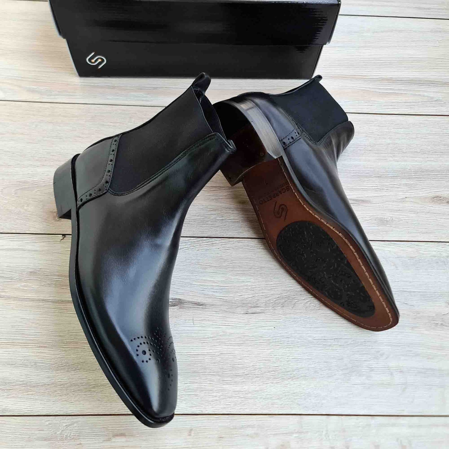 Black Leather Brogues Chelsea Boots