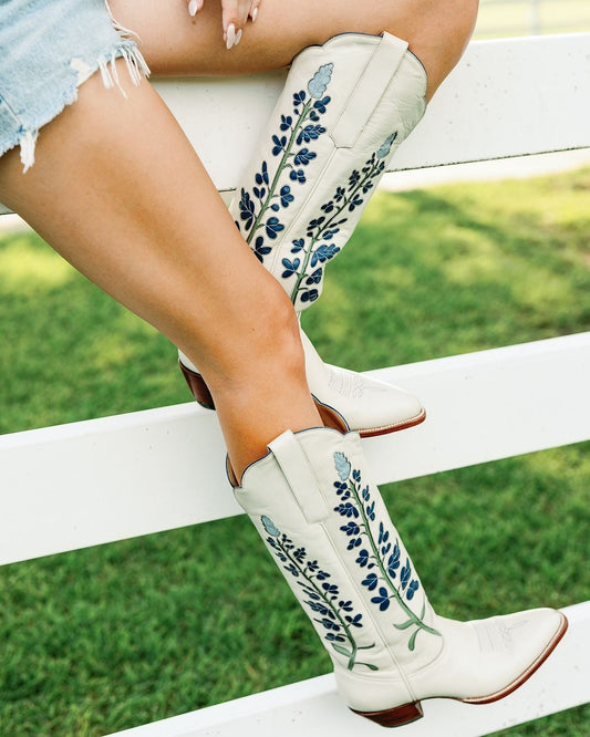 Round Toe Blue Cute Embroidered Leather Cowboy Boots