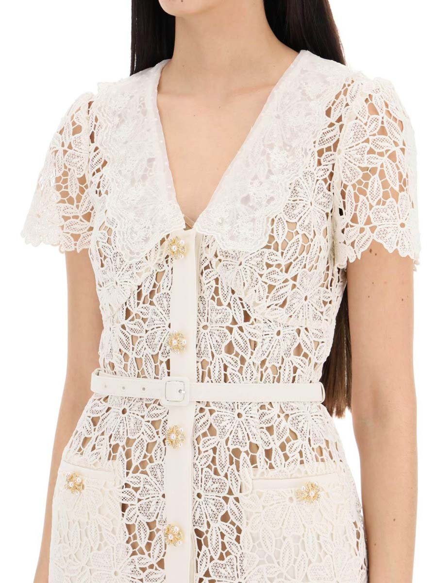 V Neck Button Up Short Sleeve Lace Dress