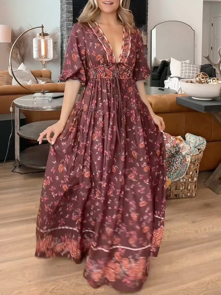 Floral Printed V Neck Bohemian Dress