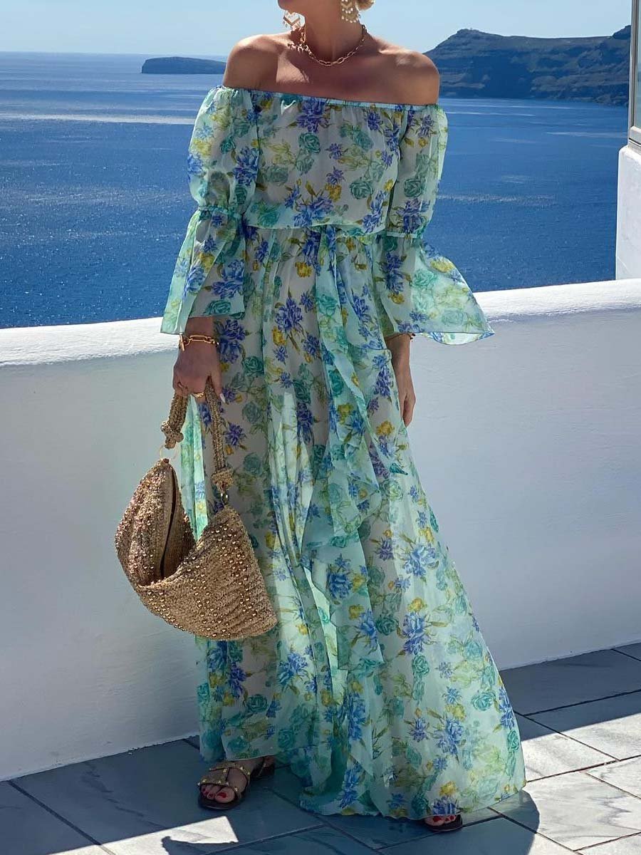 Off Shoulder Floral Split Holiday Dress