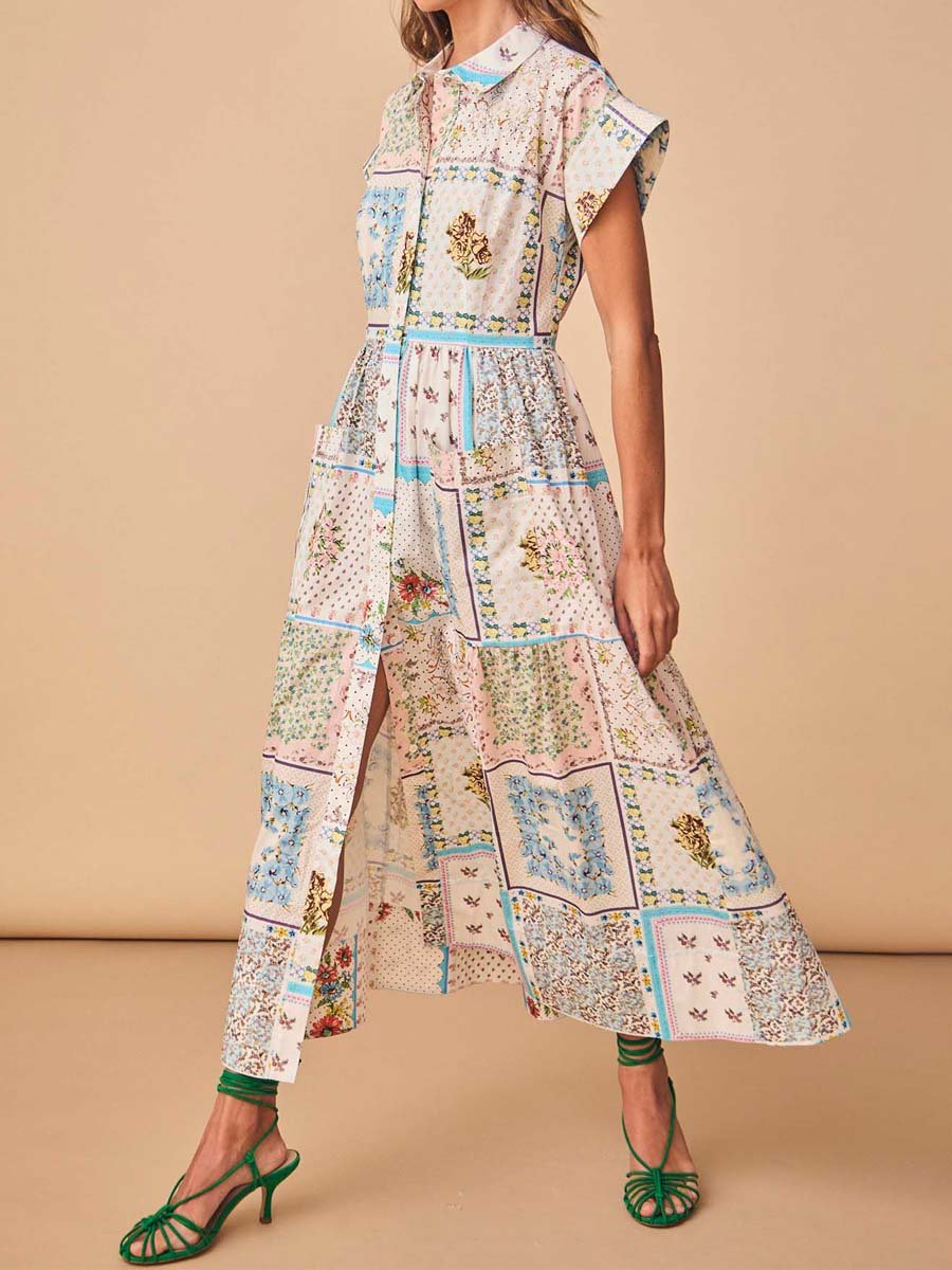 Printed Patchwork Short Sleeve Shirtdress