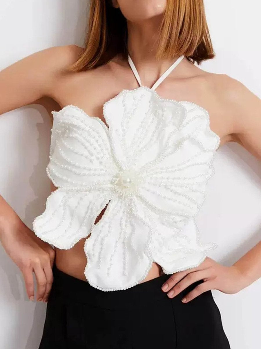 Pearl 3D Flower Halter Neck Top