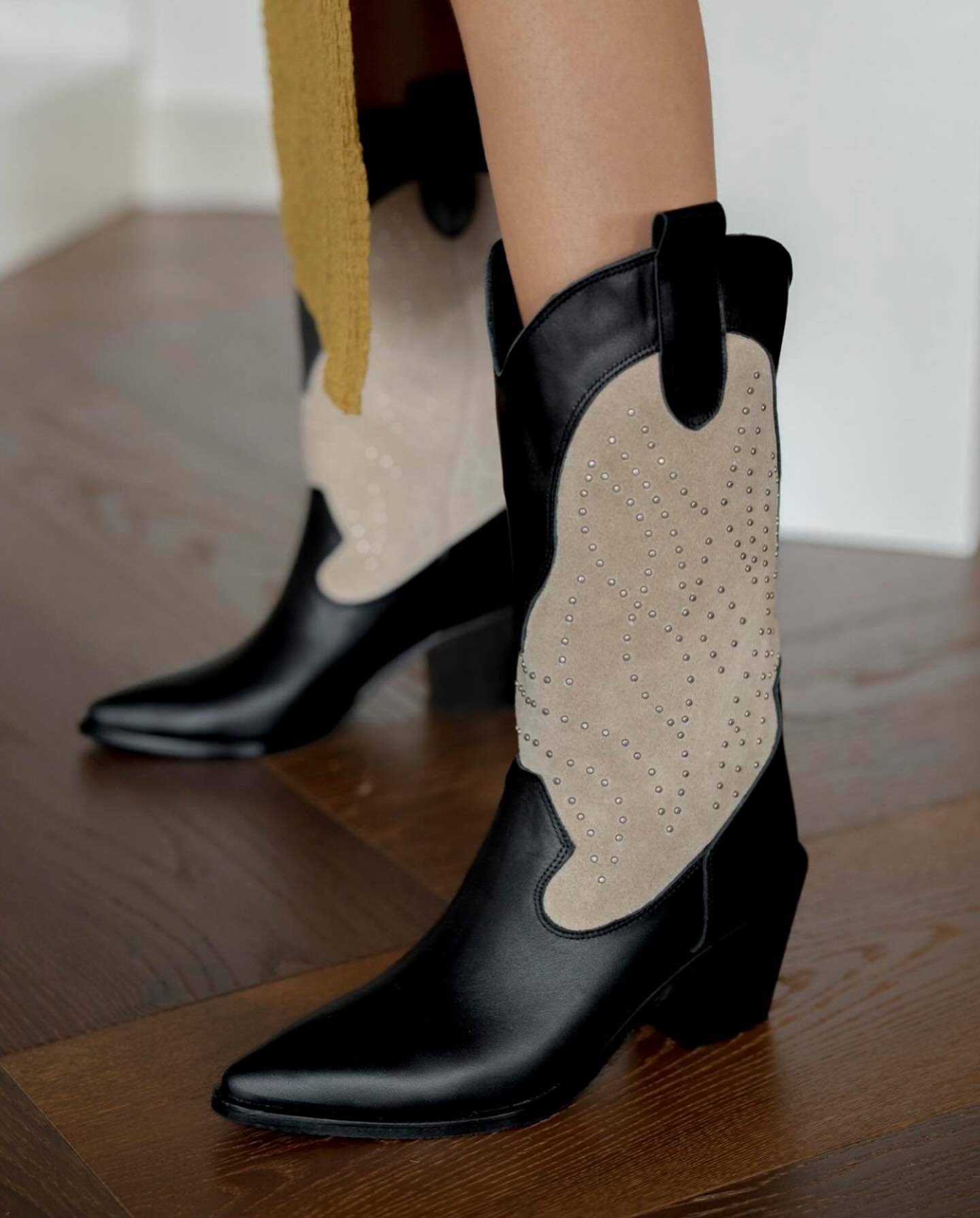 Colorblocked Studded Cowboy Boots