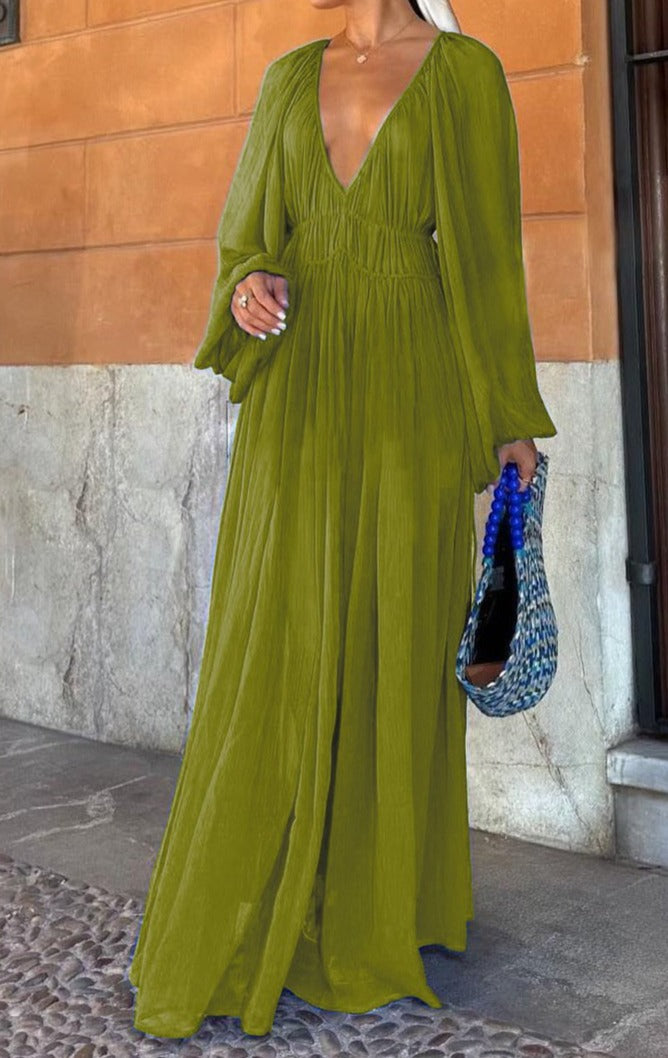 Deep V Chiffon Textured Flowy Long Dress