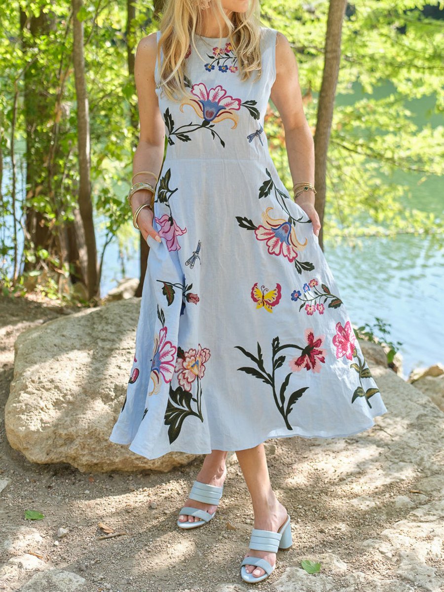 Floral Sleeveless Belted A Line Midi Dress