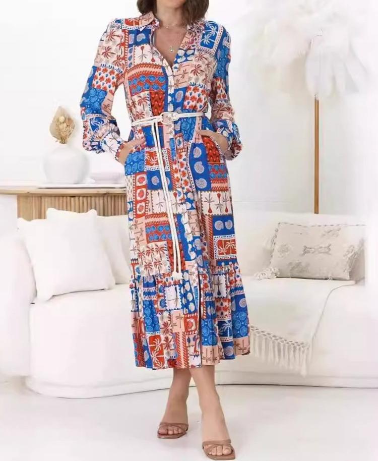 Long Sleeve Casual Printed Shirt Belted Dresses