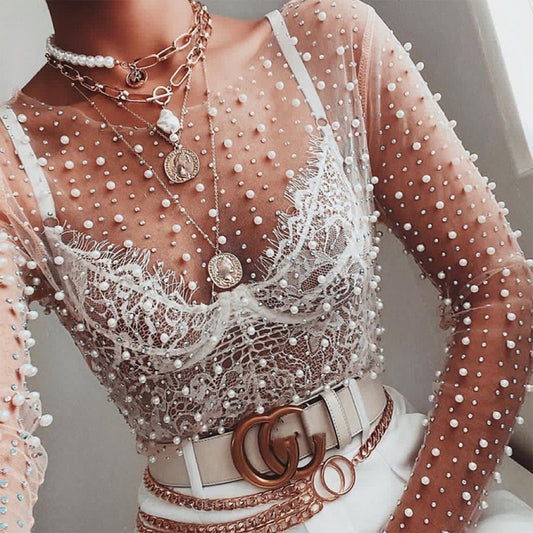 See-through Pearl Mesh Long Sleeve Top