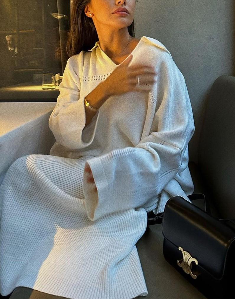 Autumn V-neck Solid Color Loose Sweater Set