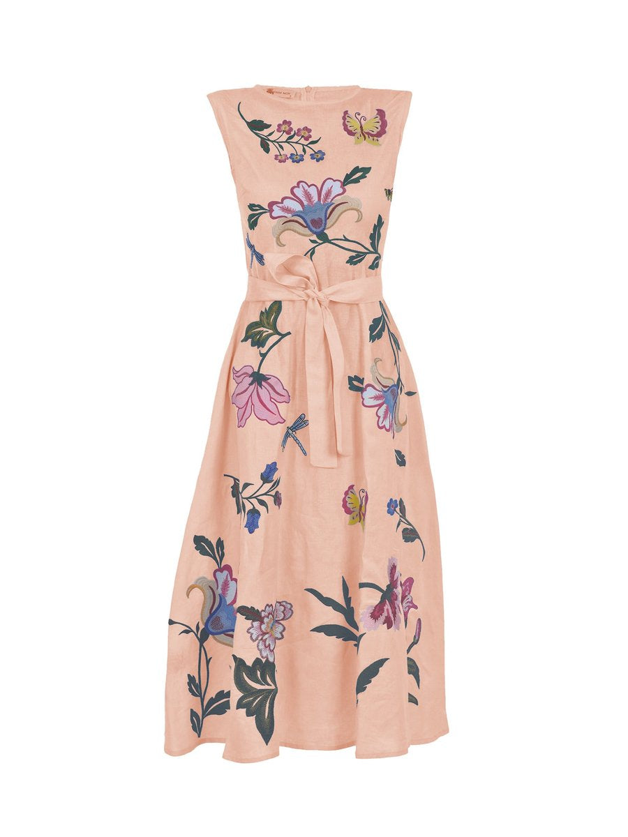 Floral Sleeveless Belted A Line Midi Dress