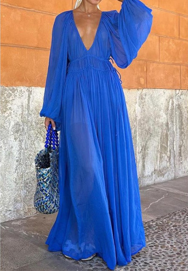 Deep V Chiffon Textured Flowy Long Dress