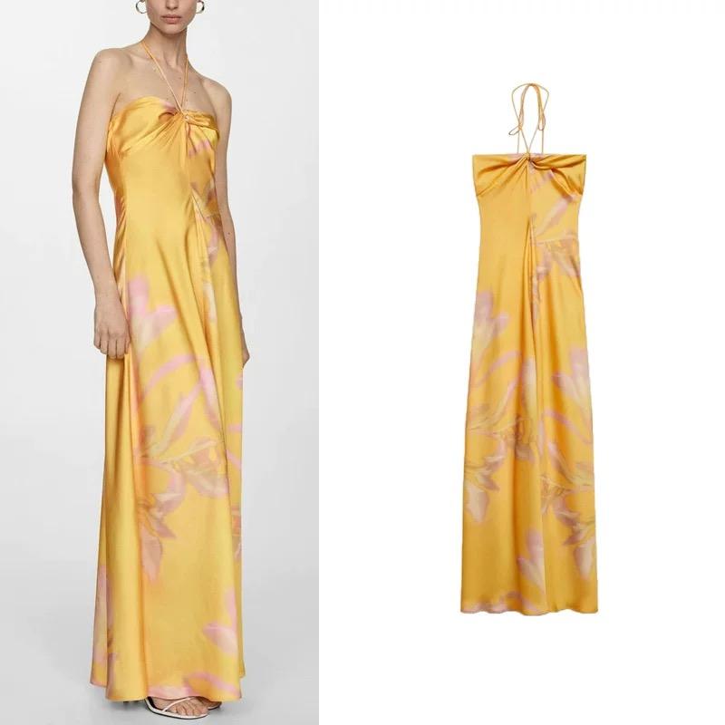 Neck-hanging Printed Yellow Slim Maxi Dress