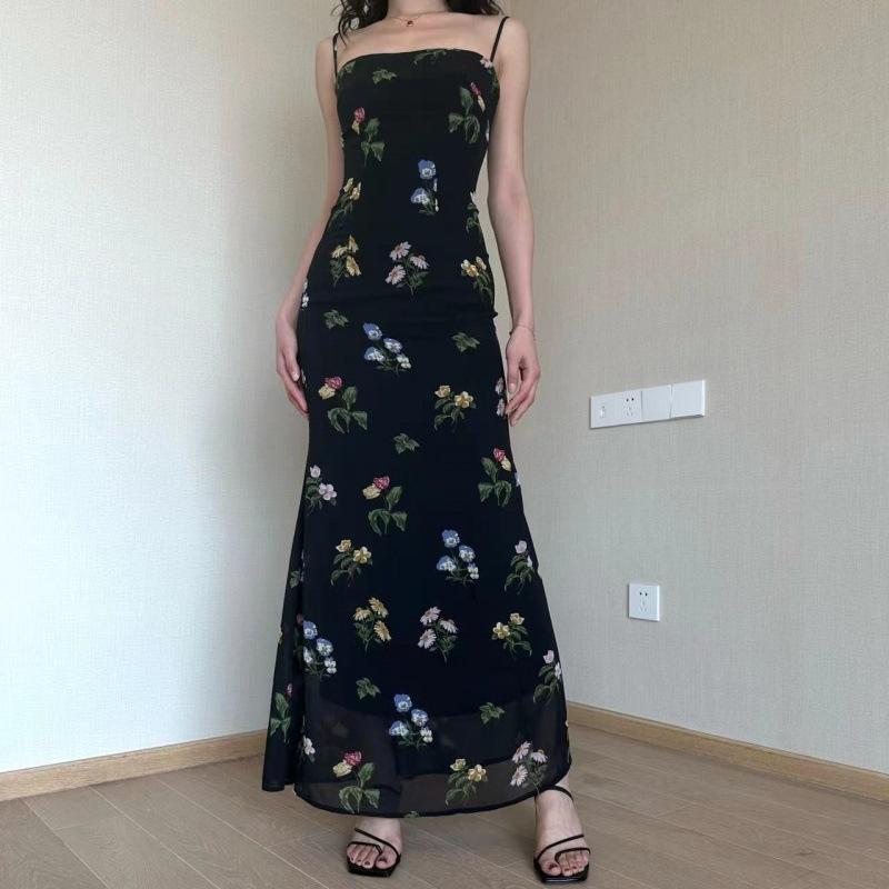 Black Floral Floral Fishtail Maxi Dress