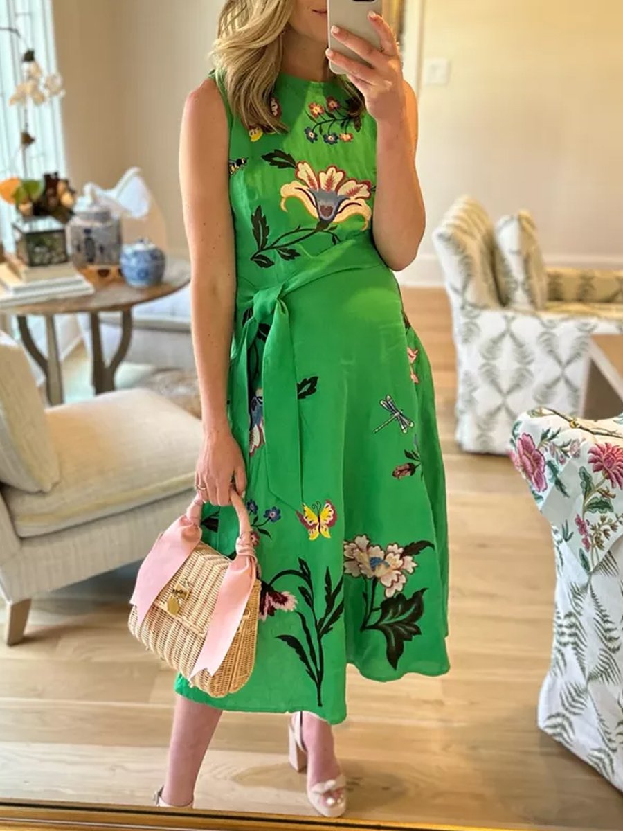 Floral Sleeveless Belted A Line Midi Dress