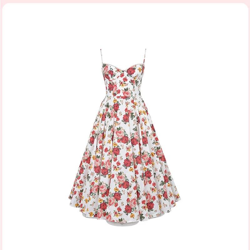 Fishbone Waist-slimming Halter Floral Print Dress