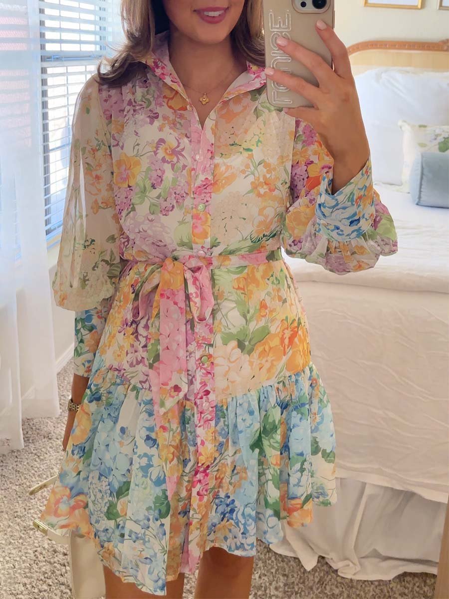 Stand Collar Lantern Sleeve Print Dress