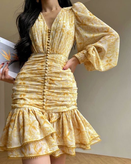 Yellow Printed Pleated Fishtail Mini Dress