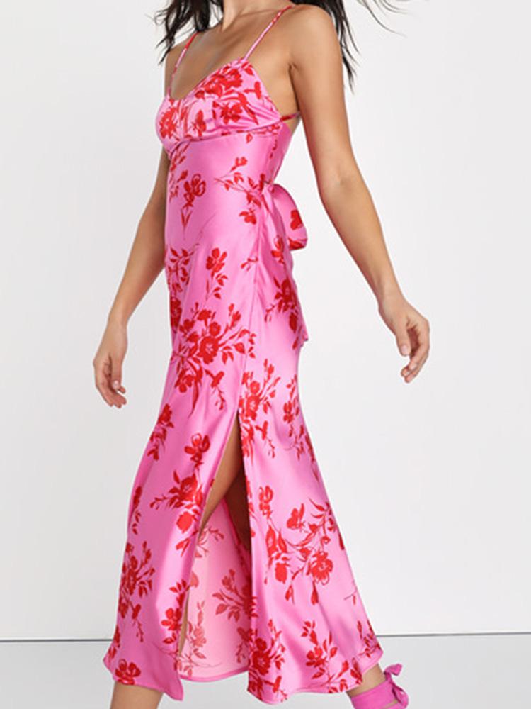 Pink Printed Backless Maxi Dress