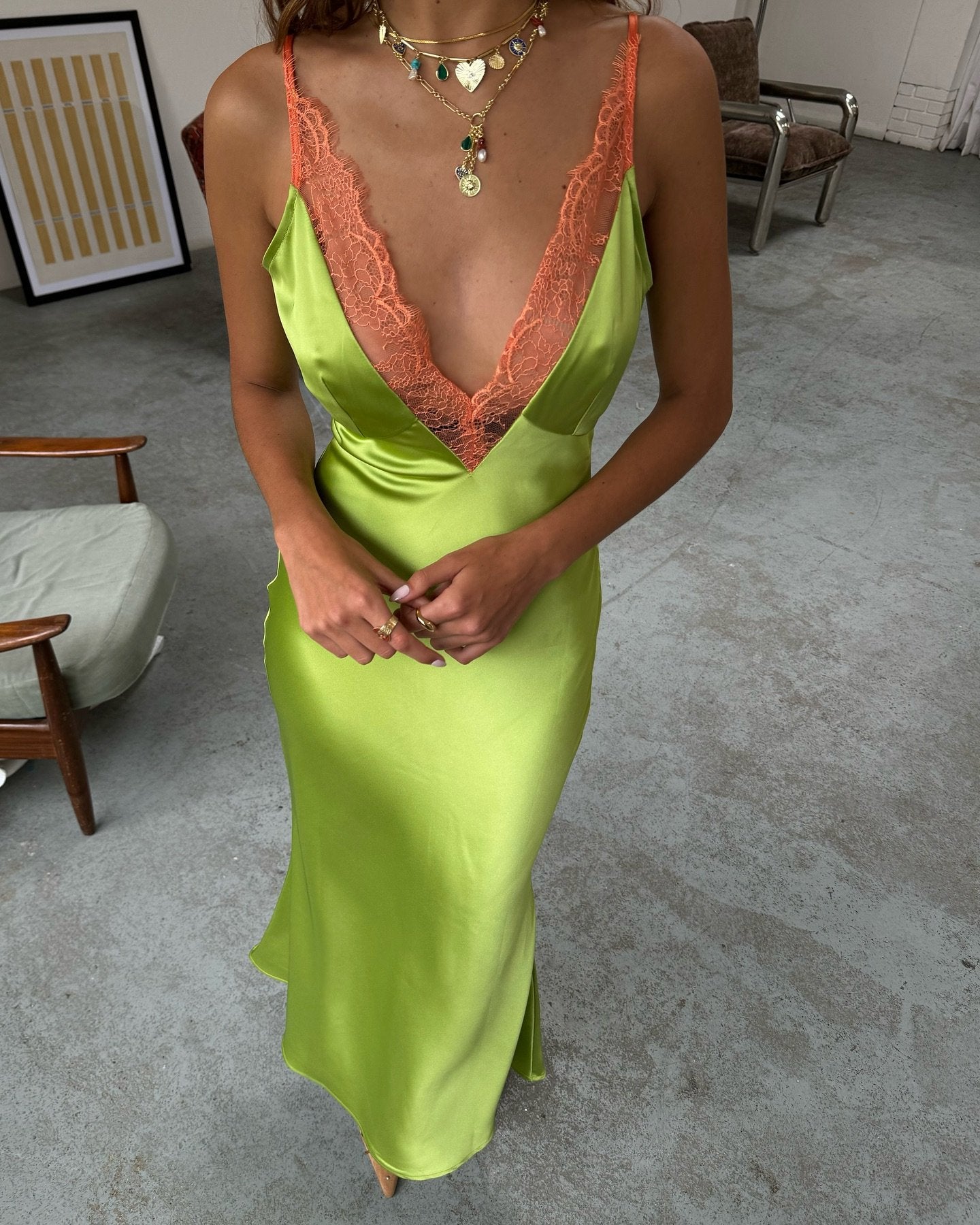 Deep V Lace Satin Green Dress