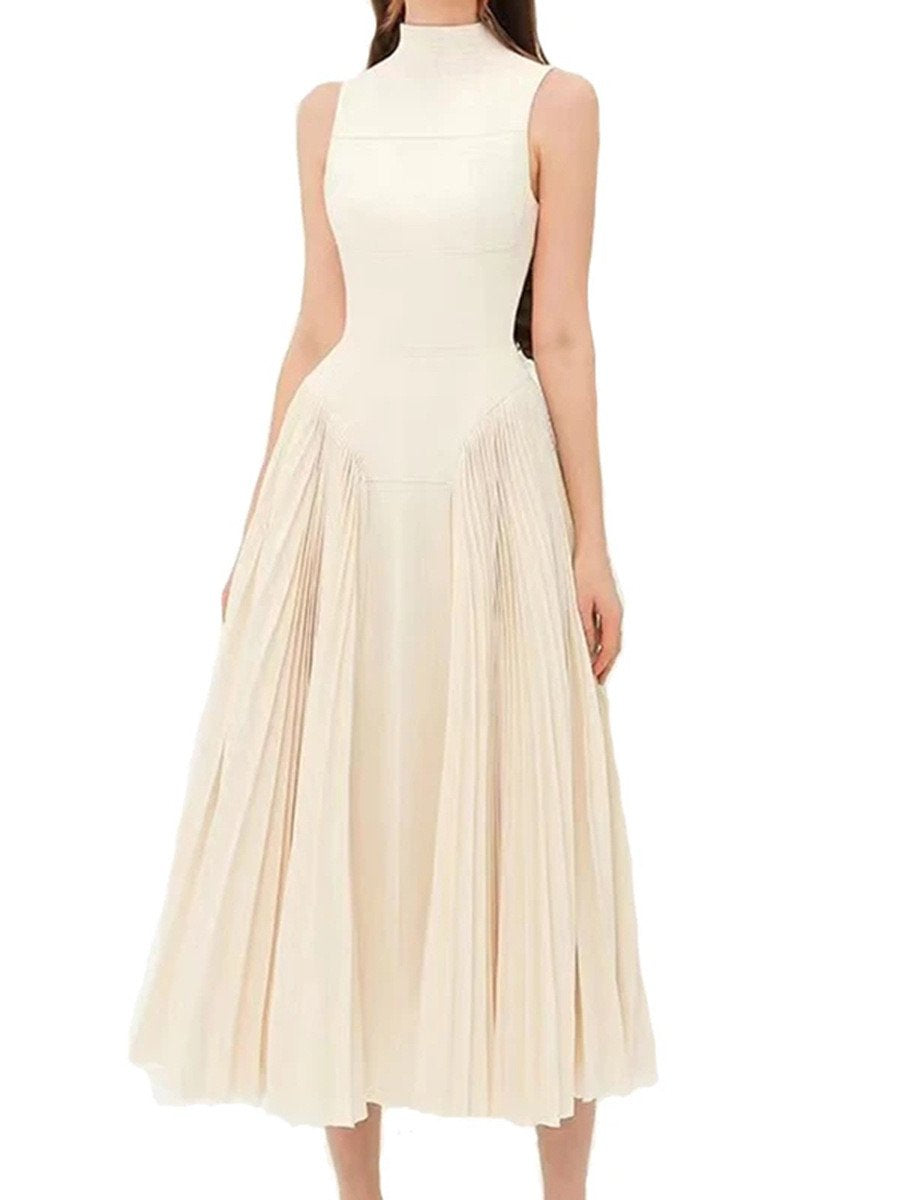 Elegant Sleeveless Slim Pleated Dress With Stand Collar