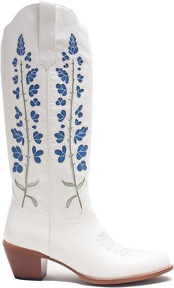 Round Toe Blue Cute Embroidered Leather Cowboy Boots