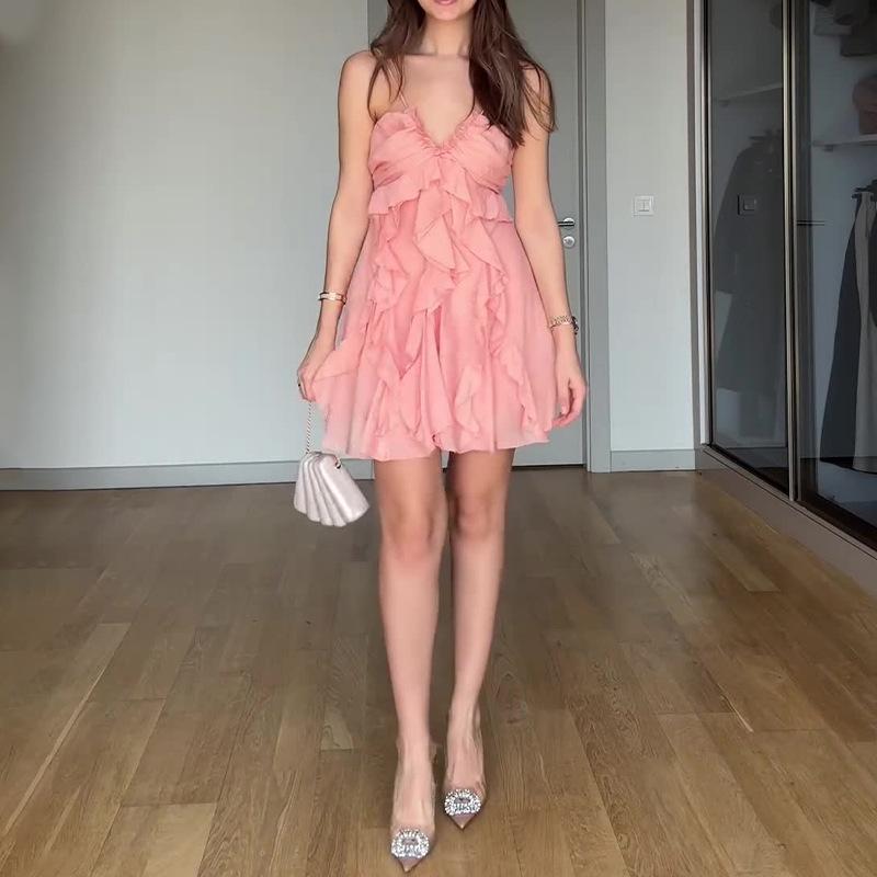 Pink Chiffon Ruffle Mini Dress