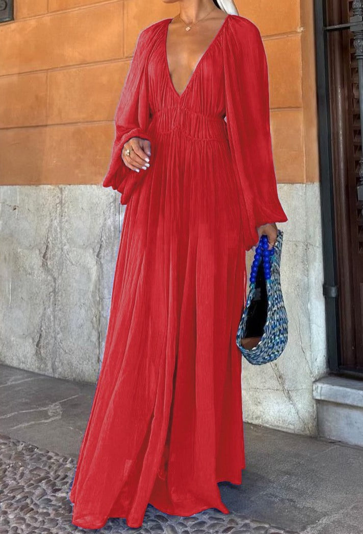 Deep V Chiffon Textured Flowy Long Dress