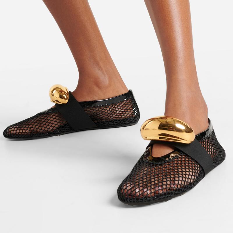 Patent Leather-trimmed Mesh Ballet Flats