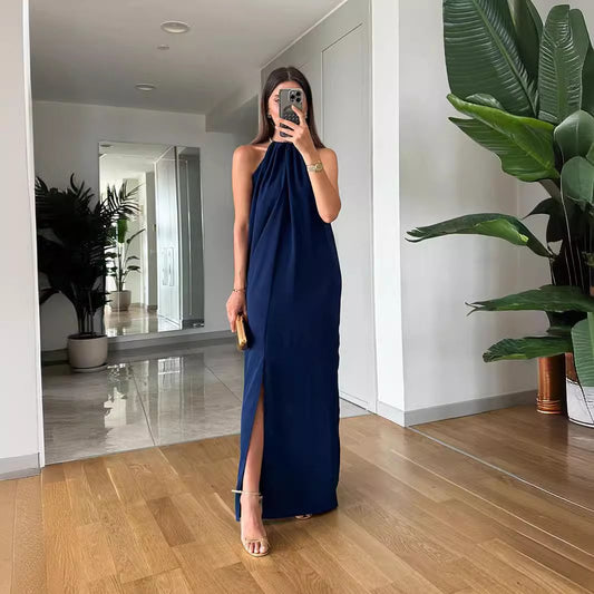 Indigo Cotton Linen Sleeveless Loose Maxi Dress