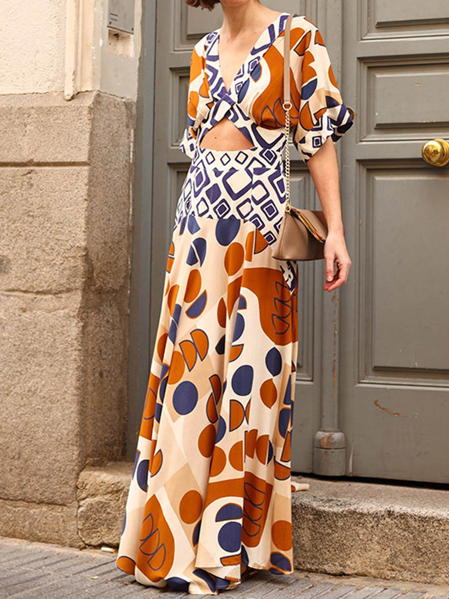 V Neck Cutout Printed Maxi Dress