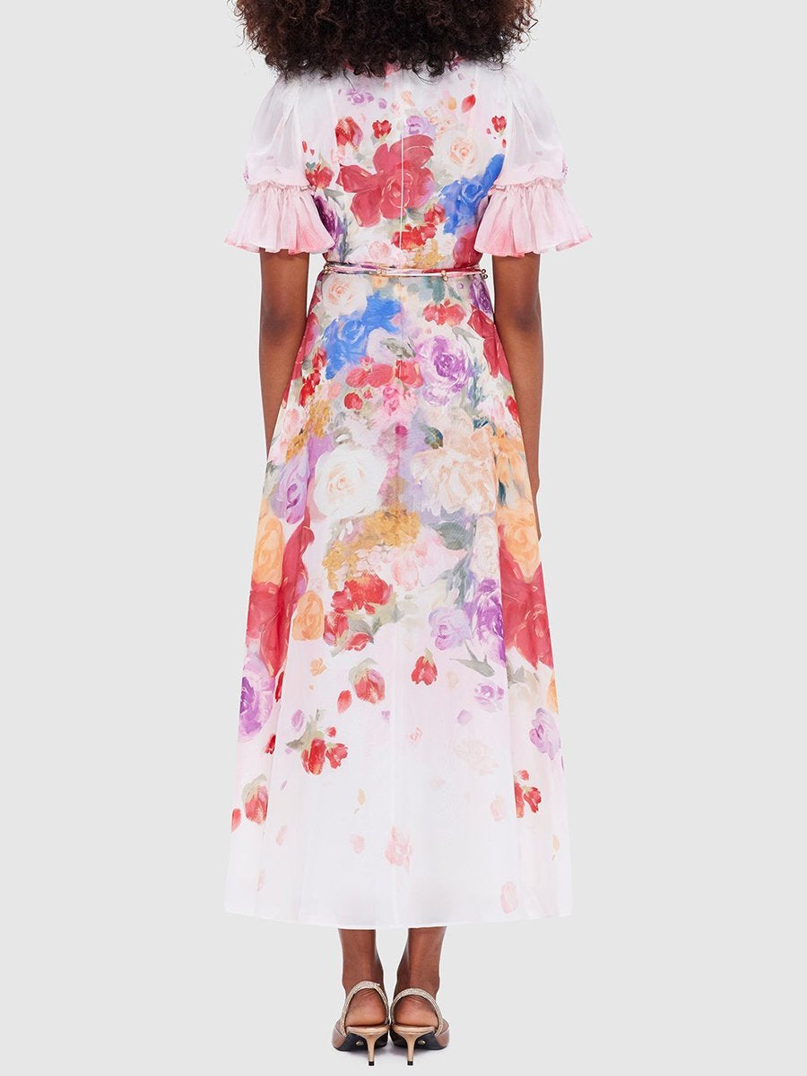 Placement Print Stand Collar Flower Dress