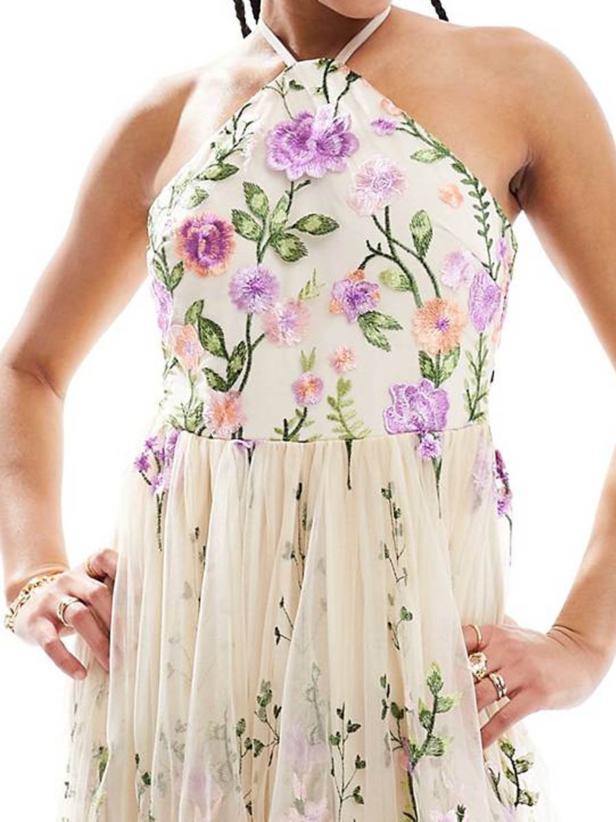 Embroidered Halter Neck Prom Maxi Dress