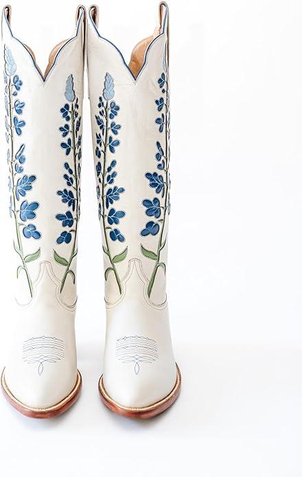 Round Toe Blue Cute Embroidered Leather Cowboy Boots