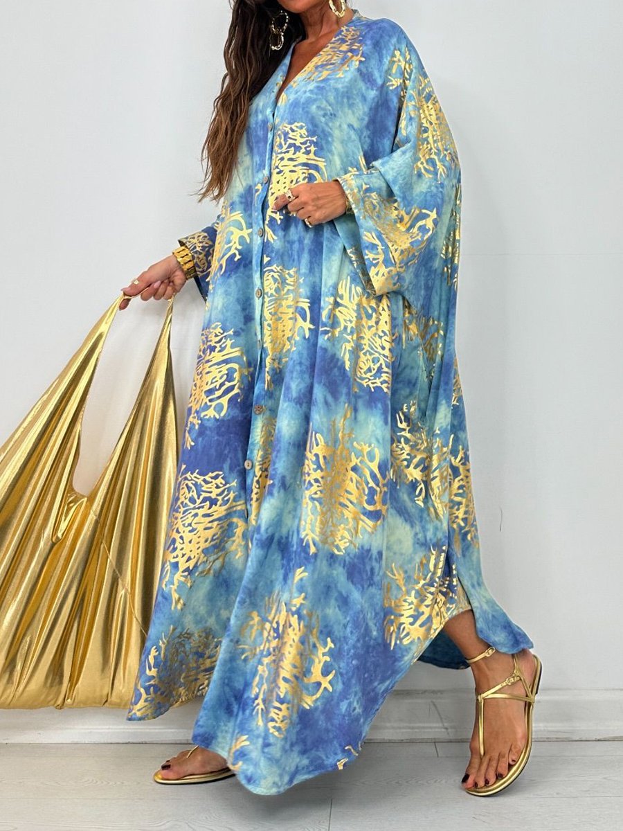 Hot Stamping V Neck Button Up Loose Maxi Dress