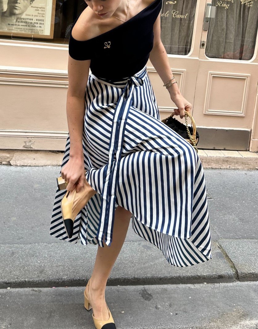 Airy One-Shoulder Top With Striped Half-Body Skirt Set