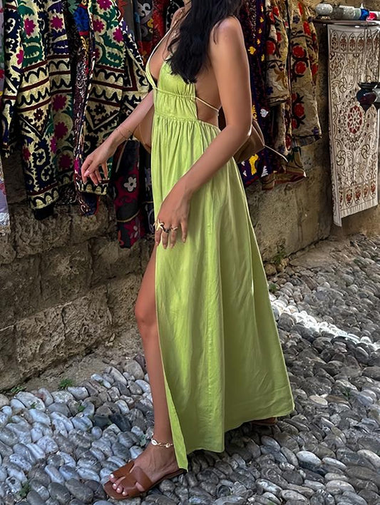 Deep V Green Halter Backless Maxi Dress