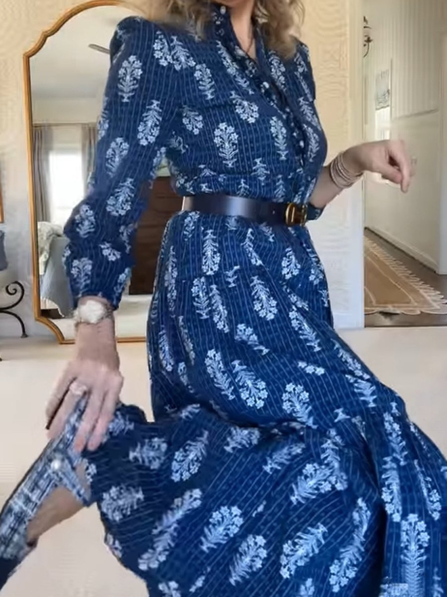 Navy Floral Elegant Midi Dress