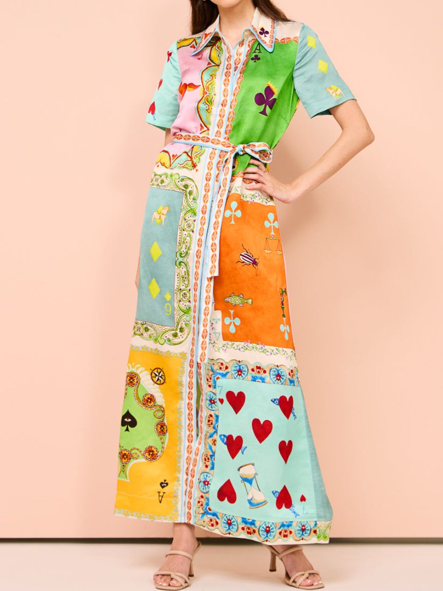 Printed Short Sleeve Patchwork Shirtdress