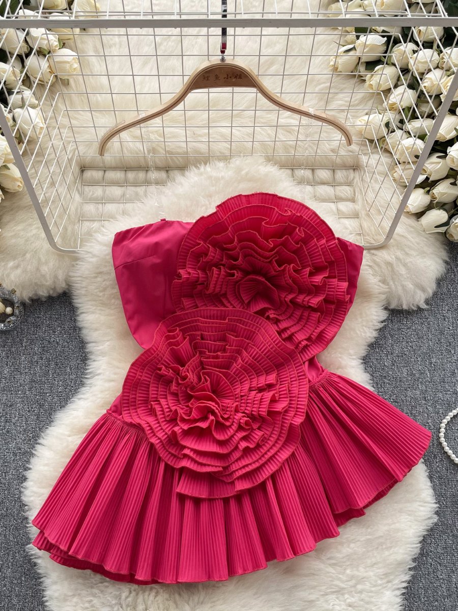 Strapless Pleated 3D Flower Irregular Ruffle Top