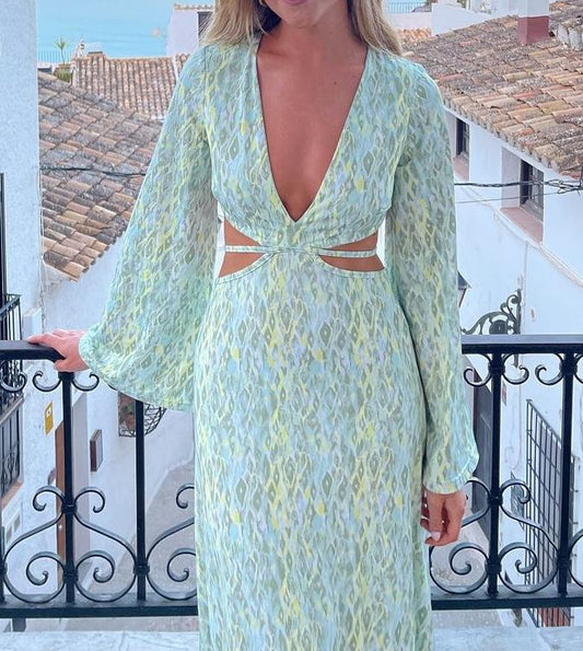 Deep V Green Floral Backless Dress Maxi Dress