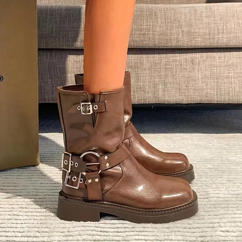 Faux Leather Buckle Strap Mid Calf Boots